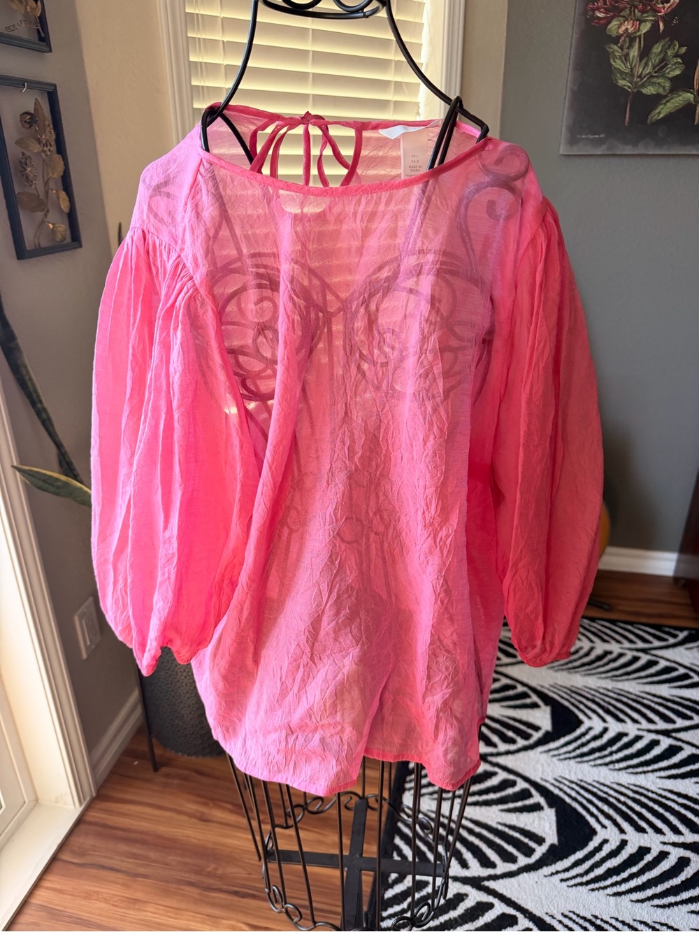 bright pink sheer puff-sleeve blouse from H&M